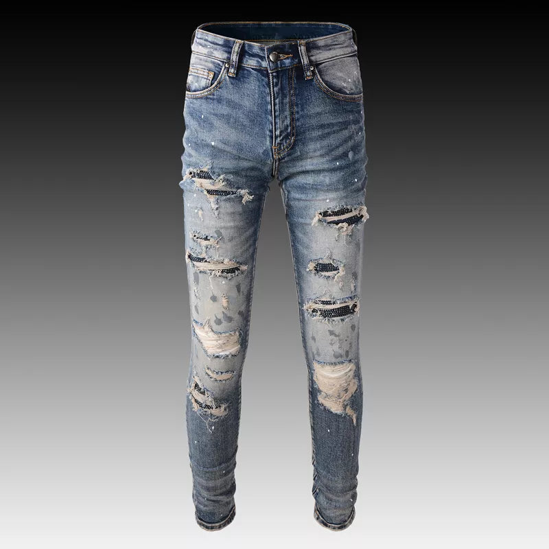 High Street Fashion Men Jeans Retro Blue Elastic Slim Fit Destroyed Ripped Jeans Men Beading Patch Designer Brand Hip Hop Pants